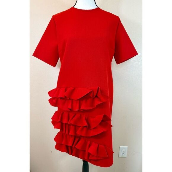 NWOT MSGM Red Short Sleeve Ruffle Detail Structured Dress Women's Size 42 8US - Picture 2 of 10
